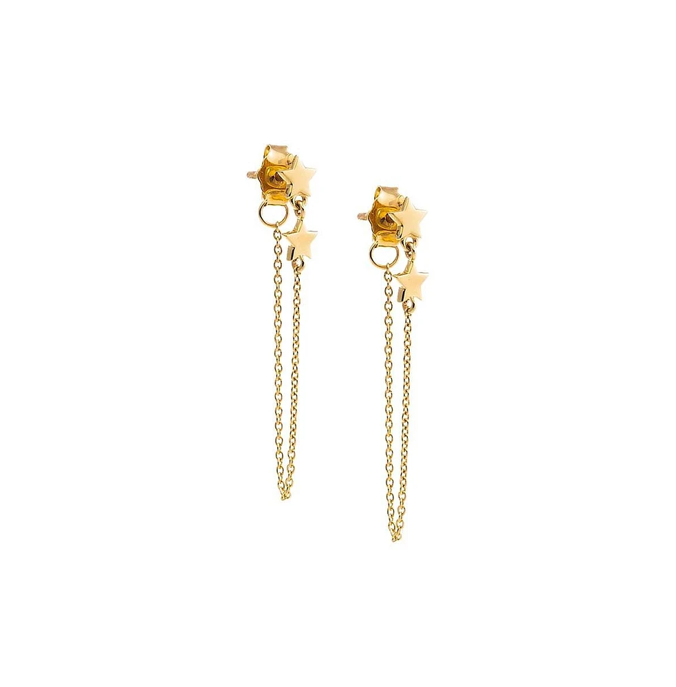 Solid Double Star Front Back Chain Stud Earring 14K