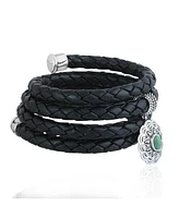 American West Jewelry Sterling Silver Green Turquoise Concha Braided Leather Wrap Bracelet, One Size Fits Most