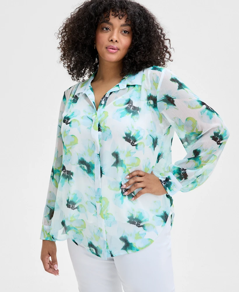 I.n.c. International Concepts Plus Floral-Print Georgette Tunic Shirt, Exclusively at Macy's