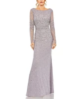 Mac Duggal Women's High Neck Sequin Embellished Long Sleeve A Line Gown