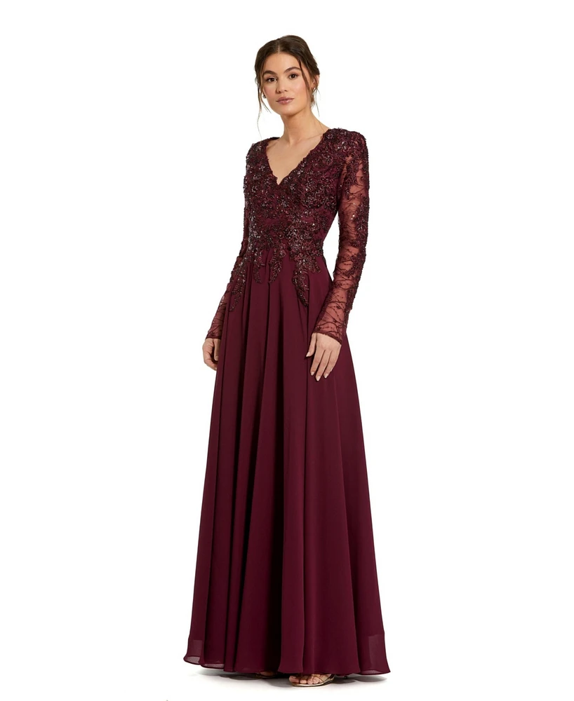 Mac Duggal Women's Embellished Illusion V Neck Long Sleeve Gown