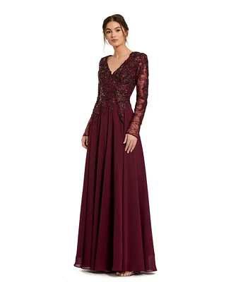 Mac Duggal Women's Embellished Illusion V Neck Long Sleeve Gown