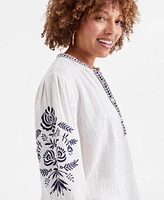 Style & Co Women's Cotton Gauze Embroidered Popover Top, Exclusively at Macy's