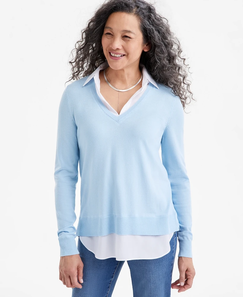 Style & Co Petite Two for One V-Neck Pullover Sweater, Created Macy's