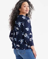 Style & Co Women's Printed Quilted Split-Neck Blouse, Exclusively at Macy's