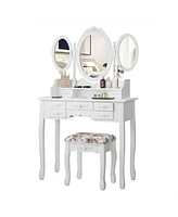 Sugift Vanity Set with Tri-Folding Mirror and Cushioned Stool