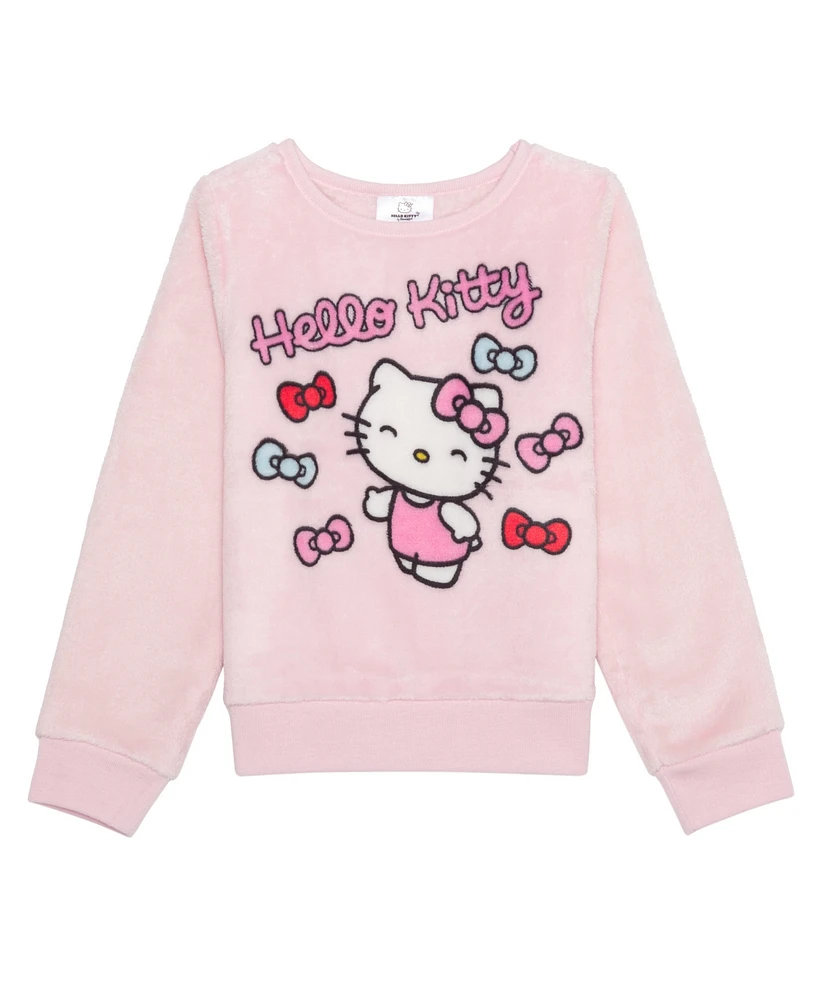 Hello Kitty Toddler and Little Girls Bows Long Sleeve Plush Pullover Sweatshirt