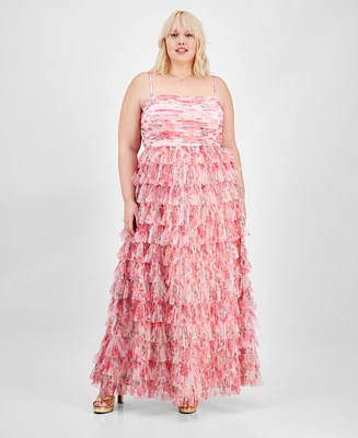 B Darlin Trendy Plus Floral Print Ruffle Tiered Gown, Created for Macy's