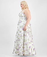 Say Yes Trendy Plus Floral Print Applique Gown, Created for Macy's