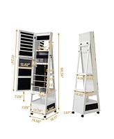 gaomon 360° Swivel Jewelry Armoire with Full Length Mirror, Led Vanity Mirror with Jewelry Storage Drawer, Shelf, Wheels, Freestanding Lockable J