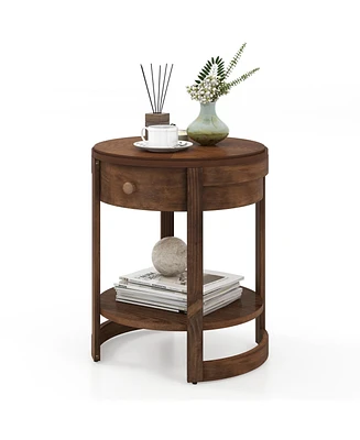 Gouun 2-Tier Round End Table Mid Century Modern Nightstand with Drawer and Shelf