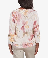 Alfred Dunner Women's Coming Up Roses Crew Neck Floral Long Sleeve Sweater