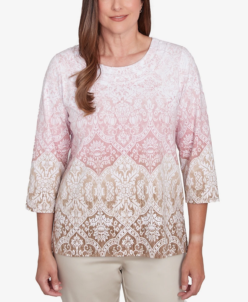 Alfred Dunner Women's Coming Up Roses Ombre Medallion Three Quarter Sleeve Top with Necklace