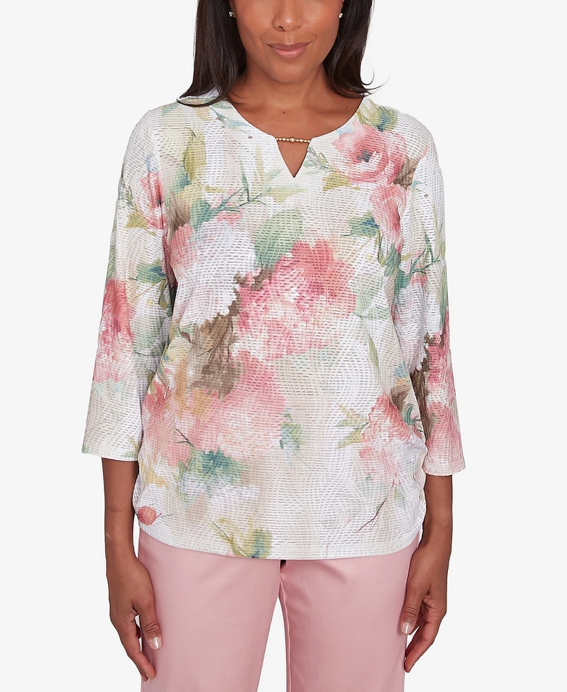 Alfred Dunner Women's Coming Up Roses Hydrangea Beaded Split Neck Top