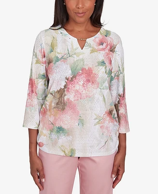 Alfred Dunner Women's Coming Up Roses Hydrangea Beaded Split Neck Top