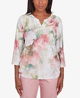 Alfred Dunner Women's Coming Up Roses Hydrangea Beaded Split Neck Top