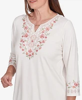 Alfred Dunner Women's Coming Up Roses Split Beaded Neck Embroidered Knit Top