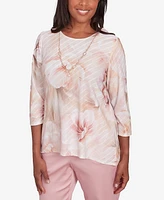 Alfred Dunner Women's Coming Up Roses Textured Watercolor Flower Top with Necklace