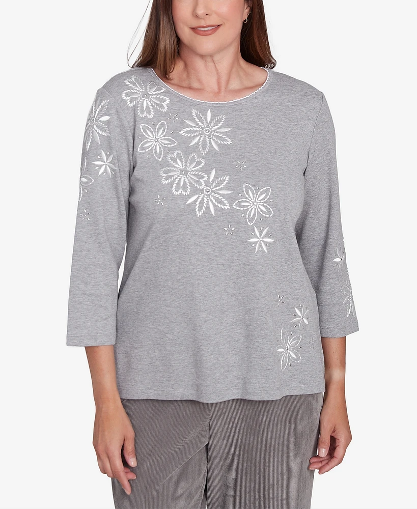 Alfred Dunner Women's Copenhagen Diagonal Flower Embroidered Crew Neck Top