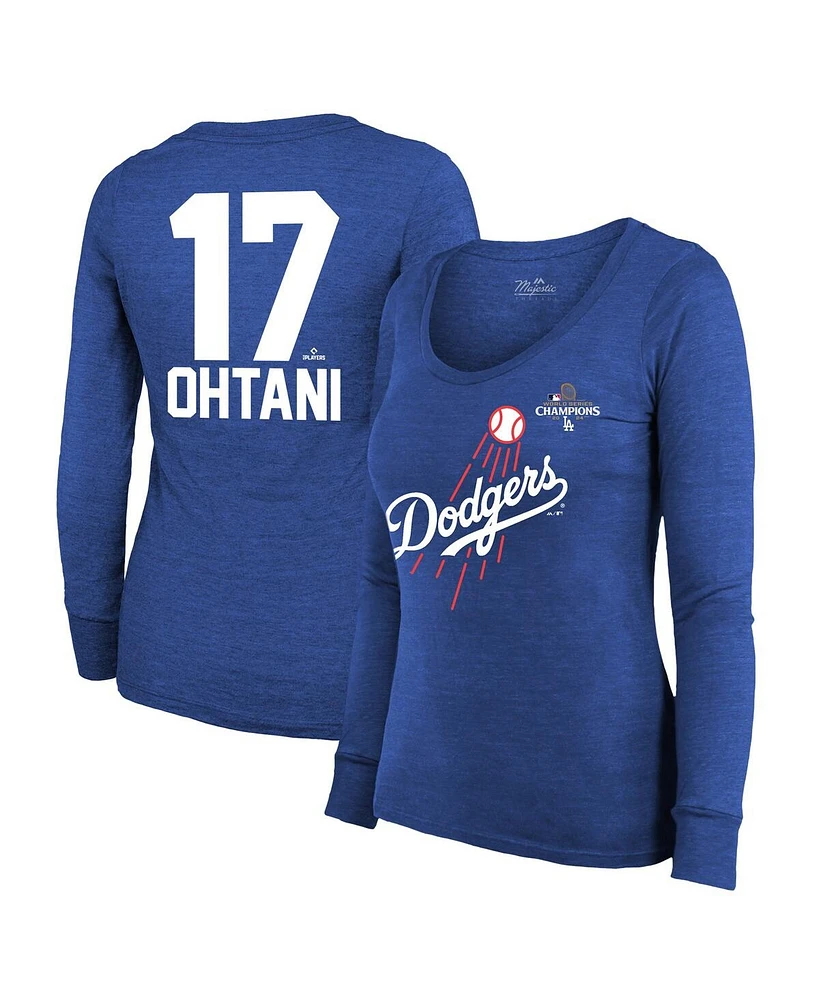 Majestic Women's Shohei Ohtani Royal Los Angeles Dodgers 2024 World Series Champions Name Number Tri-Blend Long Sleeve Scoop Neck T-Shirt