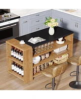 Tribesigns 55" Kitchen Island with Storage, Farmhouse 5-Tier Stationary Island Table with 5 Shelves, Wood Coffee Bar Table Storage Cabinet with Large