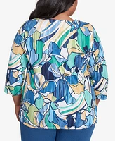 Alfred Dunner Plus Drama Floral Three Quarter Sleeve Top