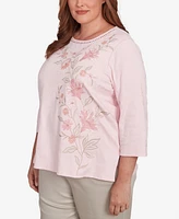 Alfred Dunner Plus Coming Up Roses Asymmetric Floral Embroidered Crew Neck Top