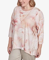 Alfred Dunner Plus Coming Up Roses Textured Watercolor Flower Top with Necklace