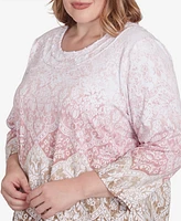 Alfred Dunner Plus Coming Up Roses Ombre Medallion Three Quarter Sleeve Top with Necklace