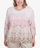 Alfred Dunner Plus Coming Up Roses Ombre Medallion Three Quarter Sleeve Top with Necklace