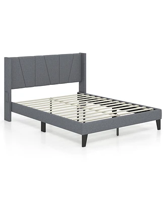 Gouun Full Size Bed Frame with Wingback Headboard and Wood Slat Support-Full Size