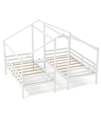 Double Twin Size Wooden Bed Frames with Built-in Table for Kids