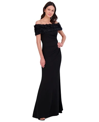 Eliza J Petite Rosette-Trim Off-The-Shoulder Evening Gown