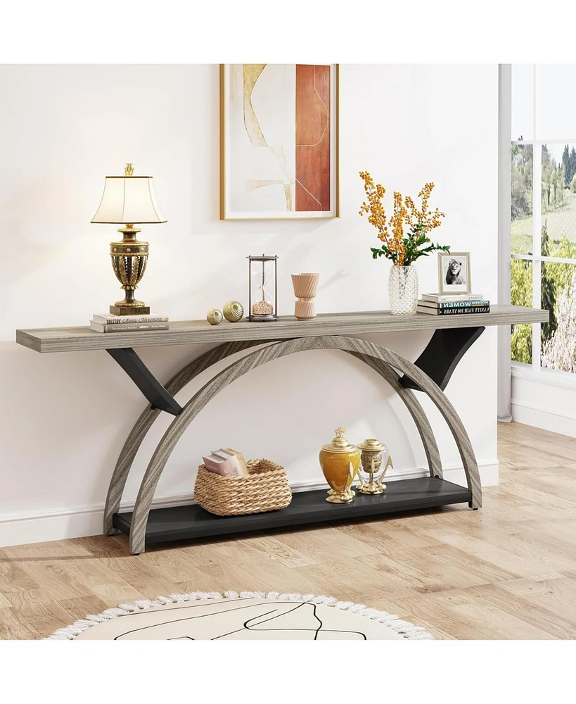 Tribesigns 70.87" Console Tables for Entryway, Narrow Long Entryway Table with Storage Shelf, 2-Tier Rustic Sofa Half Moon Frame Hallwa