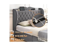 gaomon King Size Bed Frame with Charging Station and 4 Storage Drawers, Velvet Upholstered Tall Tufted Wingback Headboard and Storage Shelf