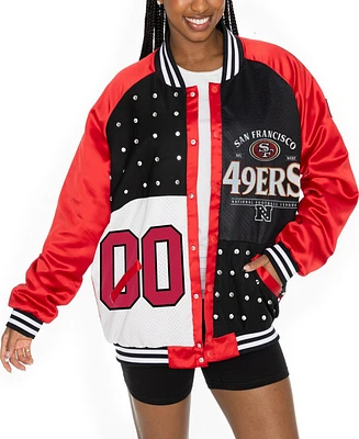 Gameday Couture Women's Scarlet/Black San Francisco 49ers Oversized Hot Shot Rhinestone Throwback Full-Snap Varsity Bomber Jacket