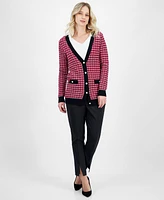 T Tahari Women's Check Contrast-Trim V-Neck Cardigan