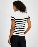 T Tahari Women's Striped Button-Trim Mock-Neck Sweater