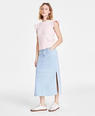 On 34th Womens Cable Knit Flutter Sleeve Sweater Split Seam Denim Midi Skirt Exclusively At Macys