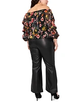 Vince Camuto Plus Floral Off The Shoulder Bubble Sleeve Tie Front Blouse