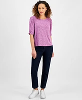 Democracy Petite Foil-Print Elbow-Sleeve Scoop-Neck Top