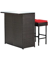 Gouun 3 Pieces Outdoor Rattan Wicker Bar Set with 2 Cushions Stools