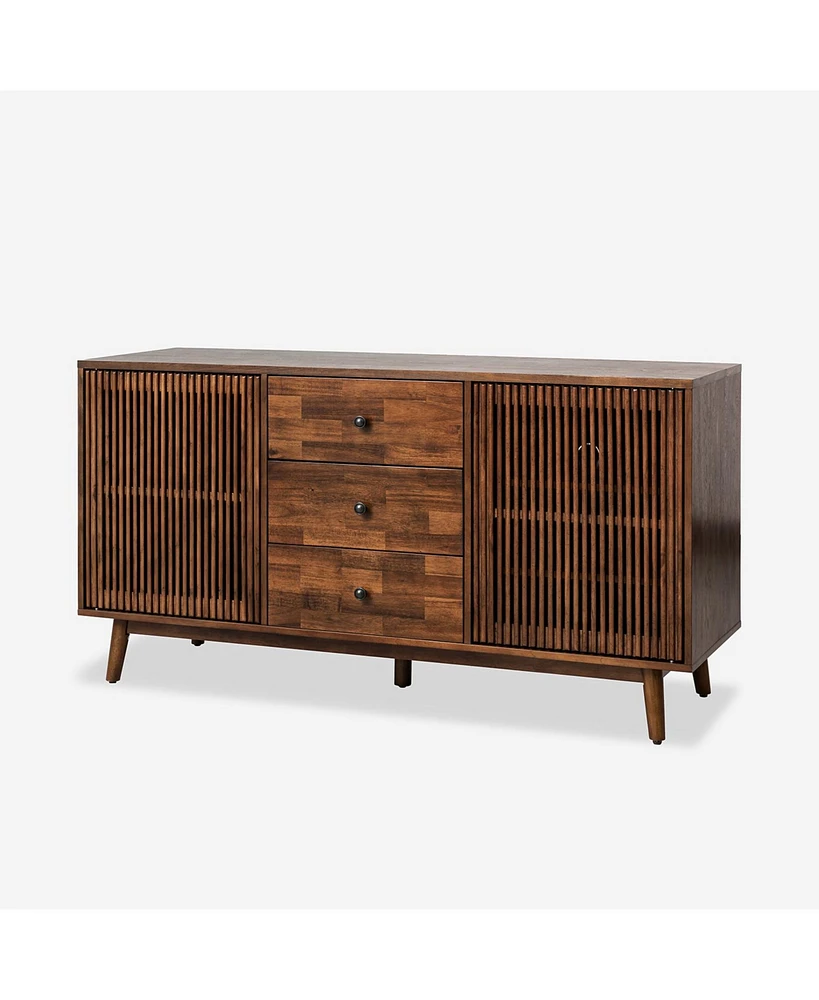 Hulala Home Crrillus Mid-century 58'' Wide 3 Drawer Sideboard with Slatted Doors
