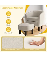 Gouun Barrel Club Chair with Ottoman Set Linen Fabric Accent Chair with Footrest