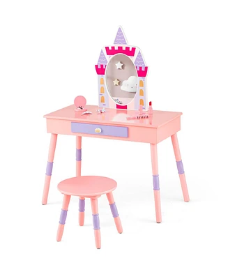 Gouun Kids Princess Vanity Table and Stool Set with Drawer and Mirror