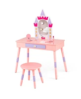 Gouun Kids Princess Vanity Table and Stool Set with Drawer and Mirror