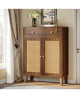 Tribesigns Shoe Cabinet with Doors and Drawer, Modern Shoe Storage Cabinet for Entryway, Rattan Shoes Cabinet with Adjustable Shelf, Wooden Shoe Organ