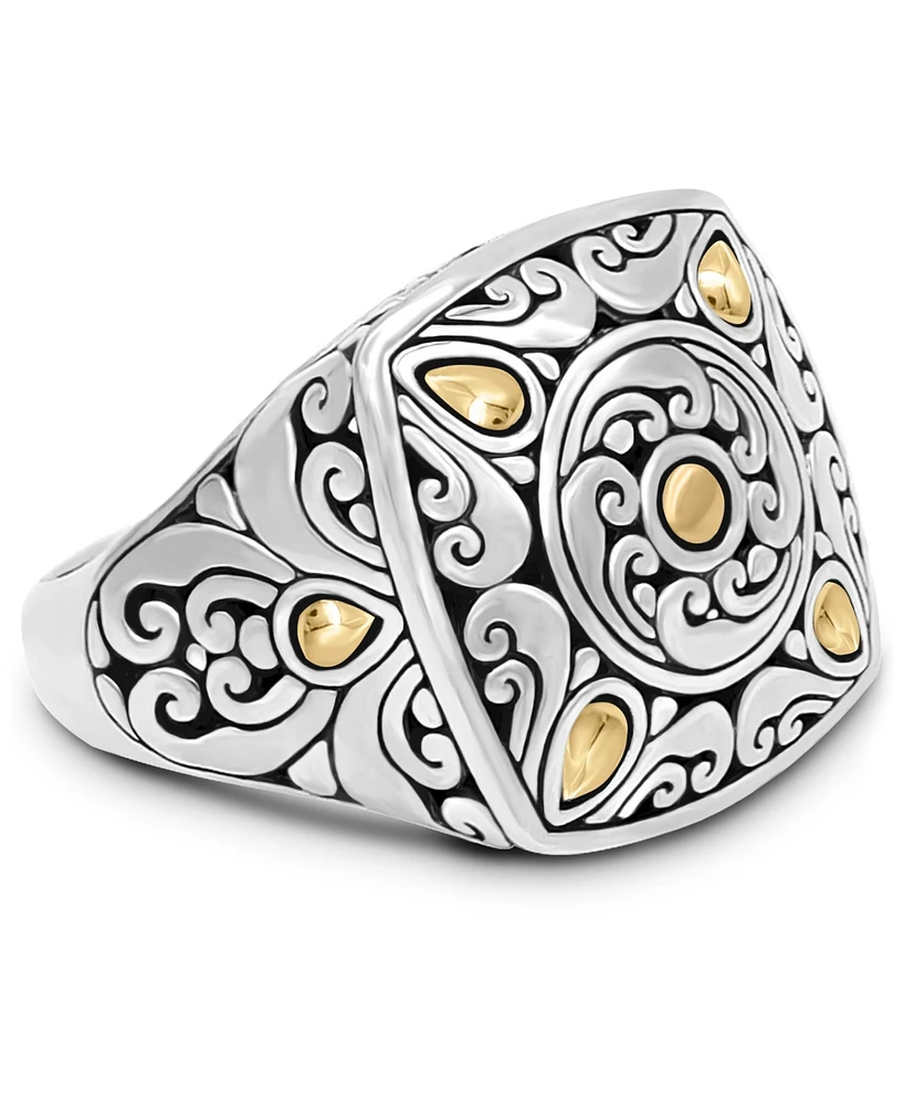 Devata Bali Filigree Square Ring in Sterling Silver and 18K Gold Accents