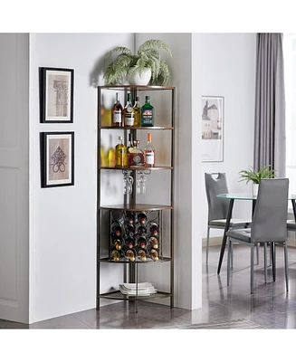 Kings Brand Furniture 5 Tier Corner Wine Rack with Glass Holder and Storage Shelves, Bar Cabinet for Living Room, Dining Kitchen