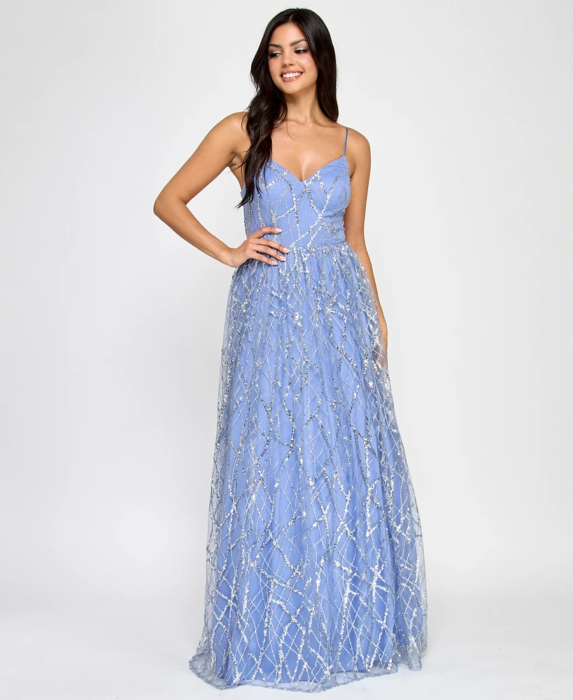 Say Yes Juniors' Glitter-Tulle Lace-Up V-Neck Gown, Created for Macy's